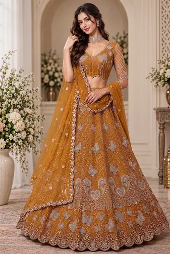 Mustard Color Zari Embroidery,Sequence And Beads Work Net Lehnega Choli 