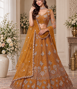 Mustard Color Zari Embroidery,Sequence And Beads Work Net Lehnega Choli 
