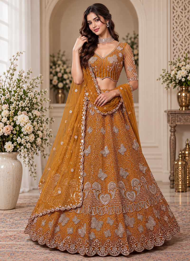 Mustard Color Zari Embroidery,Sequence And Beads Work Net Lehnega Choli 