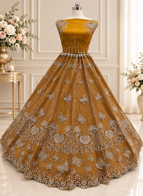 Mustard Color Zari Embroidery,Sequence And Beads Work Net Lehnega Choli  3