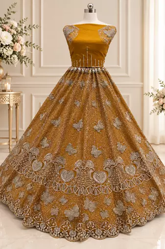 Mustard Color Zari Embroidery,Sequence And Beads Work Net Lehnega Choli 