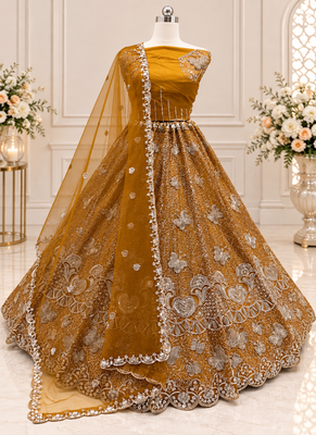 Mustard Color Zari Embroidery,Sequence And Beads Work Net Lehnega Choli  4