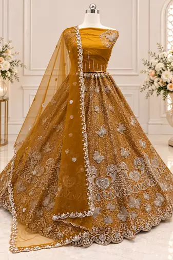Mustard Color Zari Embroidery,Sequence And Beads Work Net Lehnega Choli 