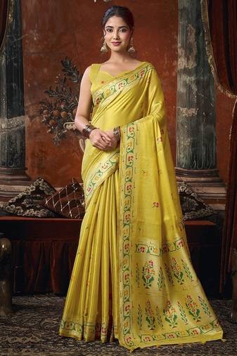 yellow tissue saree with paithani pallu festive wear saree