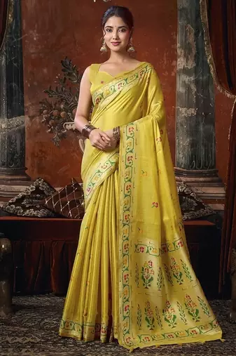 yellow tissue saree with paithani pallu festive wear saree