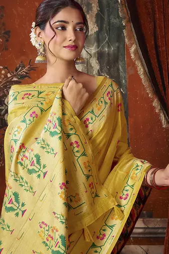 yellow tissue saree with paithani pallu festive wear saree
