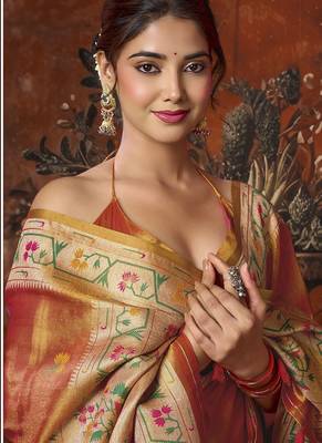 orange tissue saree with paithani pallu festive wear saree 3