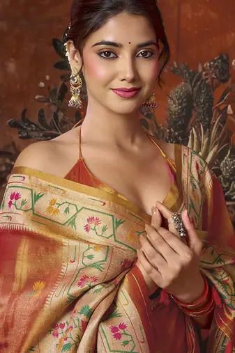 orange tissue saree with paithani pallu festive wear saree