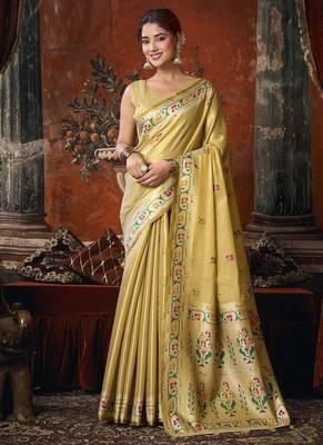 beige tissue saree with paithani pallu festive wear saree 1