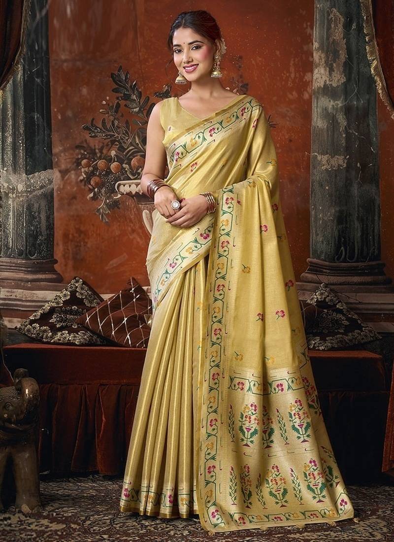 beige tissue saree with paithani pallu festive wear saree