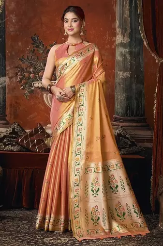 coral tissue saree with paithani pallu festive wear saree