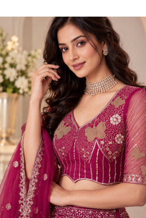 Rani Pink Color Zari Embroidery,Sequence And Beads Work Net Lehnega Choli  2