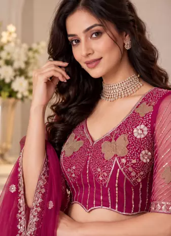 Rani Pink Color Zari Embroidery,Sequence And Beads Work Net Lehnega Choli 