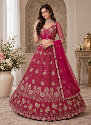Rani Pink Color Zari Embroidery,Sequence And Beads Work Net Lehnega Choli  1