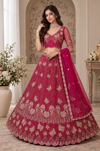 Rani Pink Color Zari Embroidery,Sequence And Beads Work Net Lehnega Choli 