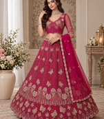 Rani Pink Color Zari Embroidery,Sequence And Beads Work Net Lehnega Choli 