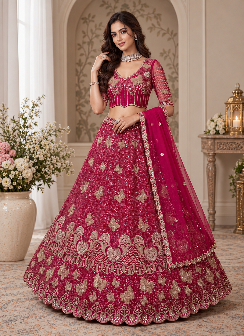 Rani Pink Color Zari Embroidery,Sequence And Beads Work Net Lehnega Choli 