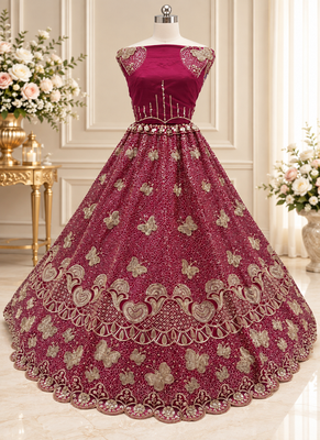 Rani Pink Color Zari Embroidery,Sequence And Beads Work Net Lehnega Choli  3