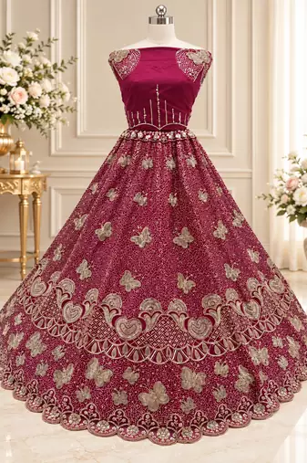 Rani Pink Color Zari Embroidery,Sequence And Beads Work Net Lehnega Choli 