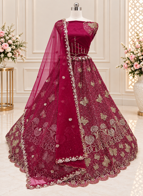 Rani Pink Color Zari Embroidery,Sequence And Beads Work Net Lehnega Choli  4