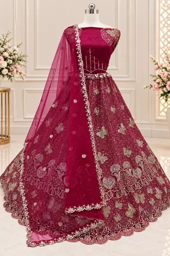 Rani Pink Color Zari Embroidery,Sequence And Beads Work Net Lehnega Choli 