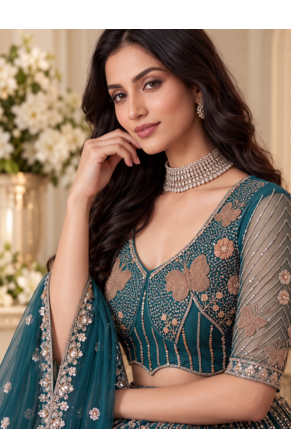 Teal Color Zari Embroidery,Sequence And Beads Work Net Lehnega Choli  2