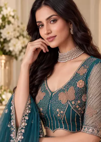 Teal Color Zari Embroidery,Sequence And Beads Work Net Lehnega Choli 