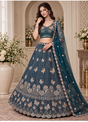 Teal Color Zari Embroidery,Sequence And Beads Work Net Lehnega Choli  1