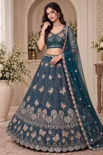 Teal Color Zari Embroidery,Sequence And Beads Work Net Lehnega Choli 