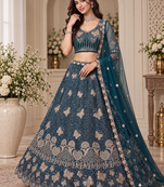 Teal Color Zari Embroidery,Sequence And Beads Work Net Lehnega Choli 