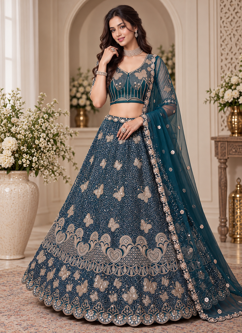 Teal Color Zari Embroidery,Sequence And Beads Work Net Lehnega Choli 