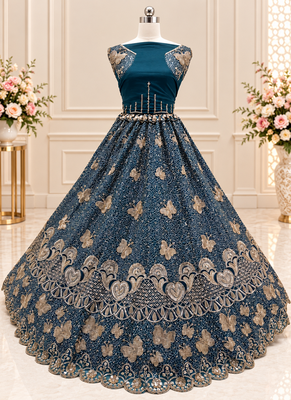 Teal Color Zari Embroidery,Sequence And Beads Work Net Lehnega Choli  3