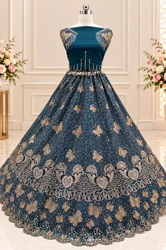 Teal Color Zari Embroidery,Sequence And Beads Work Net Lehnega Choli 