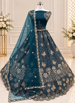 Teal Color Zari Embroidery,Sequence And Beads Work Net Lehnega Choli  4