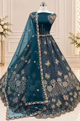 Teal Color Zari Embroidery,Sequence And Beads Work Net Lehnega Choli 