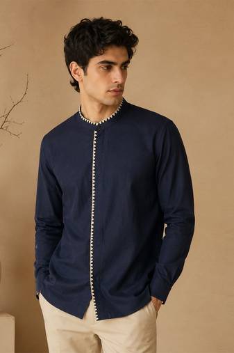 Blue embroidered malai cotton shirt