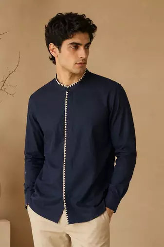 Blue embroidered malai cotton shirt