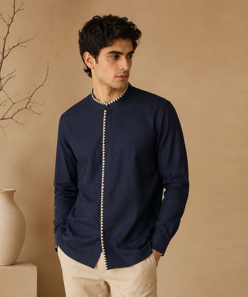 Blue embroidered malai cotton shirt