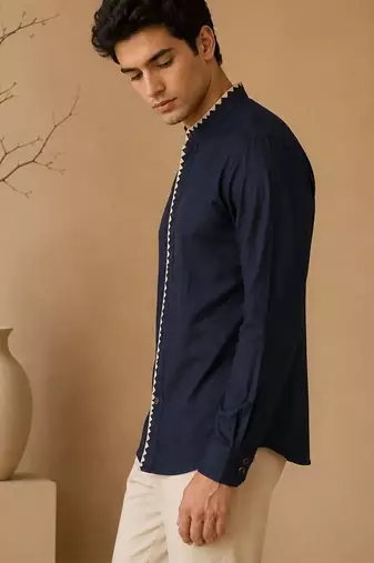 Blue embroidered malai cotton shirt