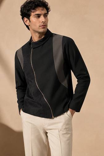 Black grey cotton silk zipper jacket
