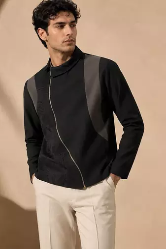 Black grey cotton silk zipper jacket