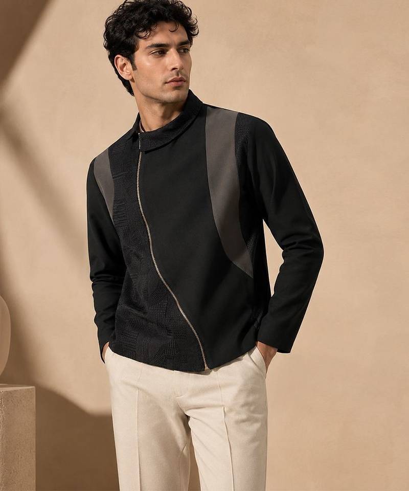 Black grey cotton silk zipper jacket