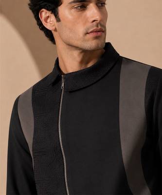 Black grey cotton silk zipper jacket 4