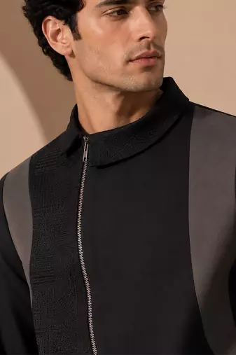 Black grey cotton silk zipper jacket