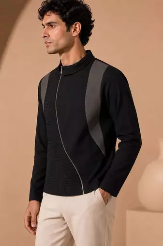 Black grey cotton silk zipper jacket