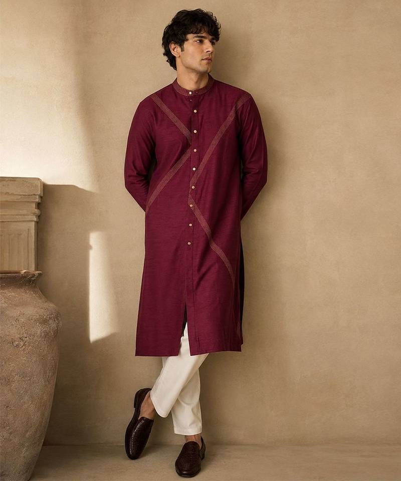 Wine dola silk kurta and pant