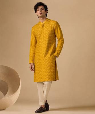 Yellow embroidered chanderi kurta and pant 1