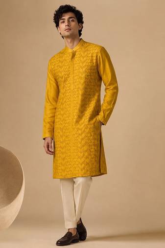 Yellow embroidered chanderi kurta and pant