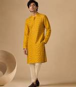 Yellow embroidered chanderi kurta and pant