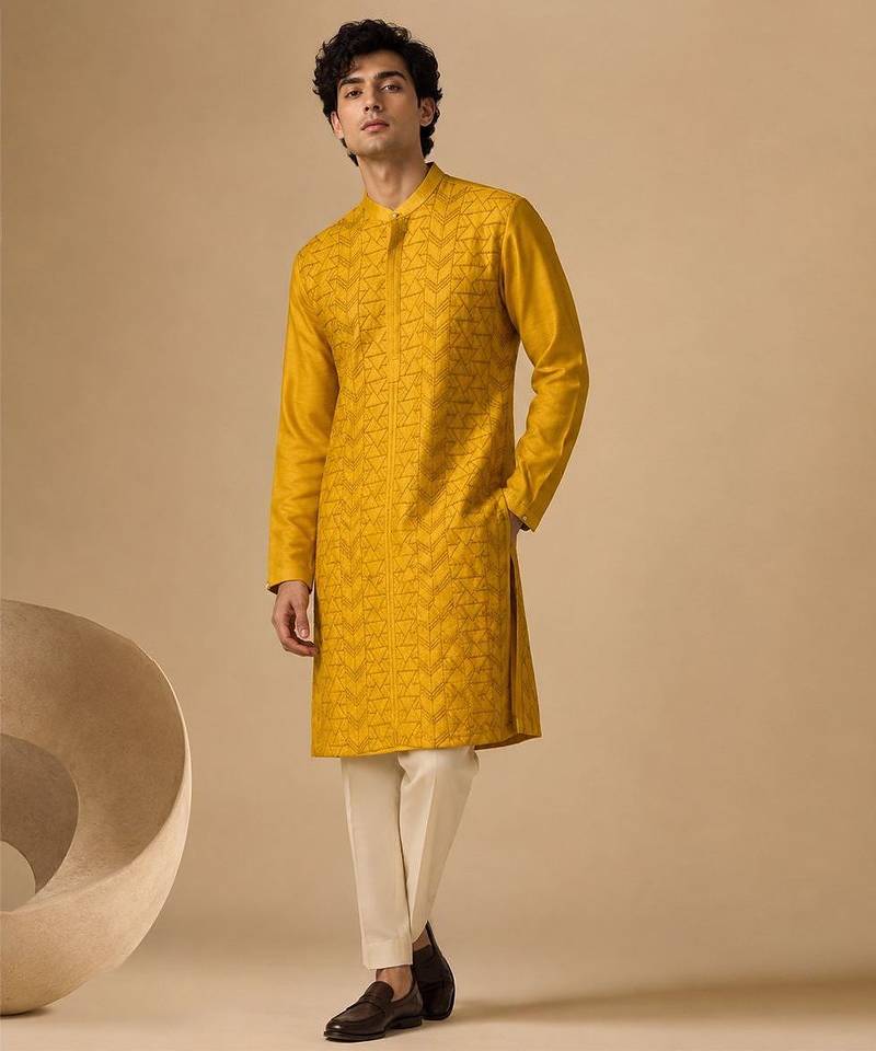 Yellow embroidered chanderi kurta and pant